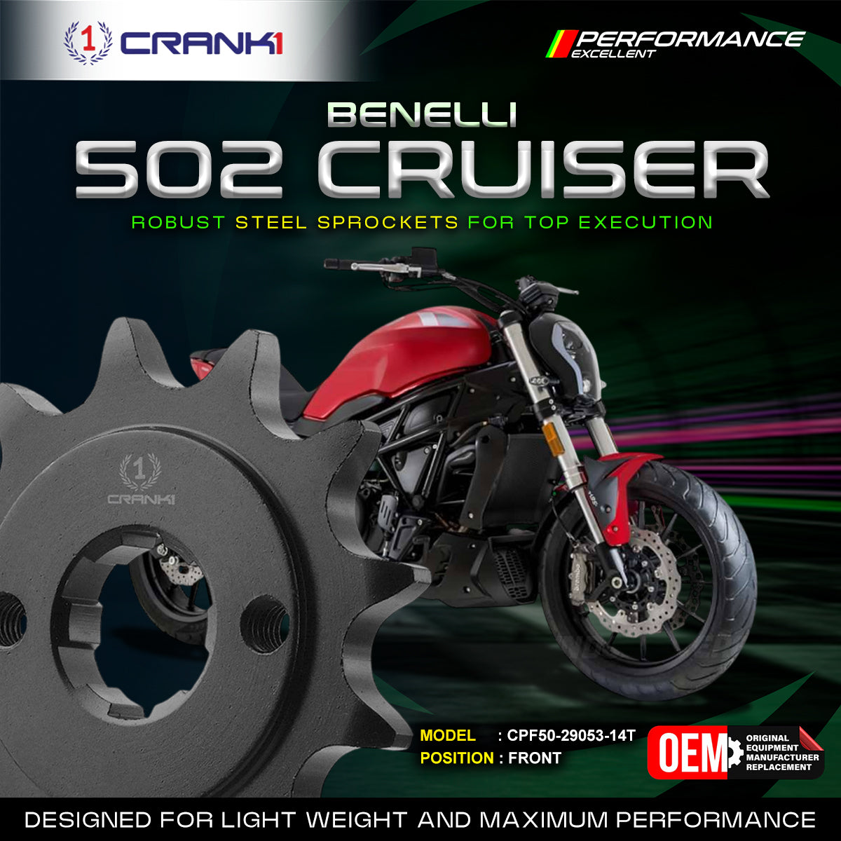 Sprocket For Benelli 502C Cruiser - Front - CPF50-29053-14T