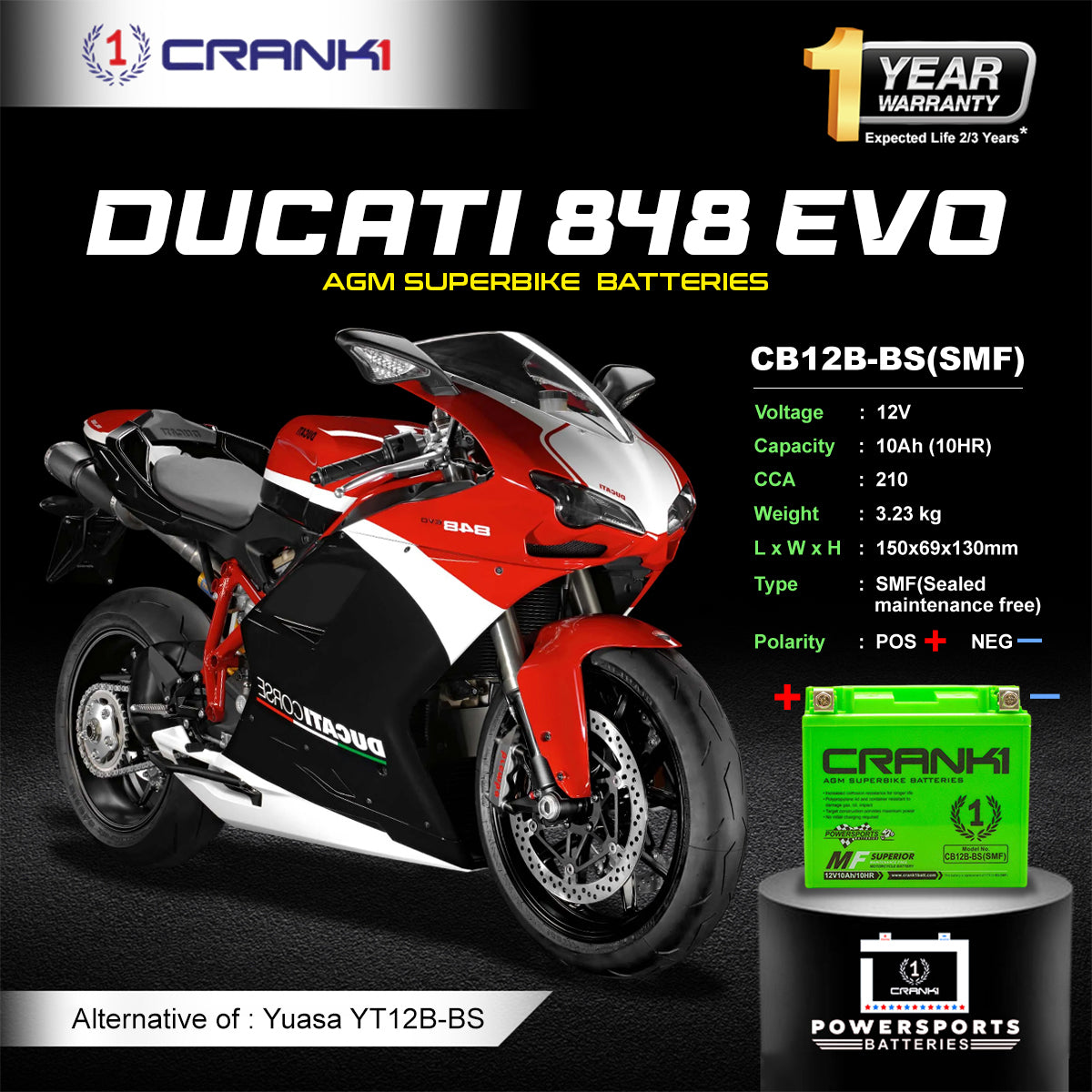 Battery For Ducati 848 EVO (2015-2025) - CB12B-BS - Factory Activated