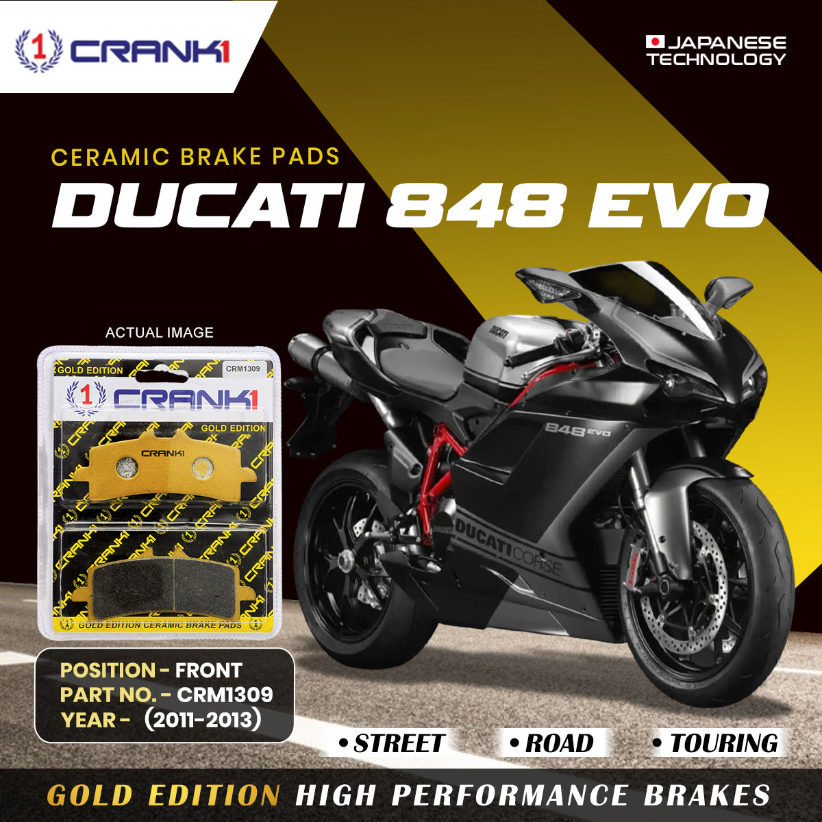 Ceramic Brake Pads For Ducati 848 EVO (2011-2013) - Front - CRM1309 - 2 Sets | Smooth Braking | Heat Resistant | Long Life | Disc Friendly