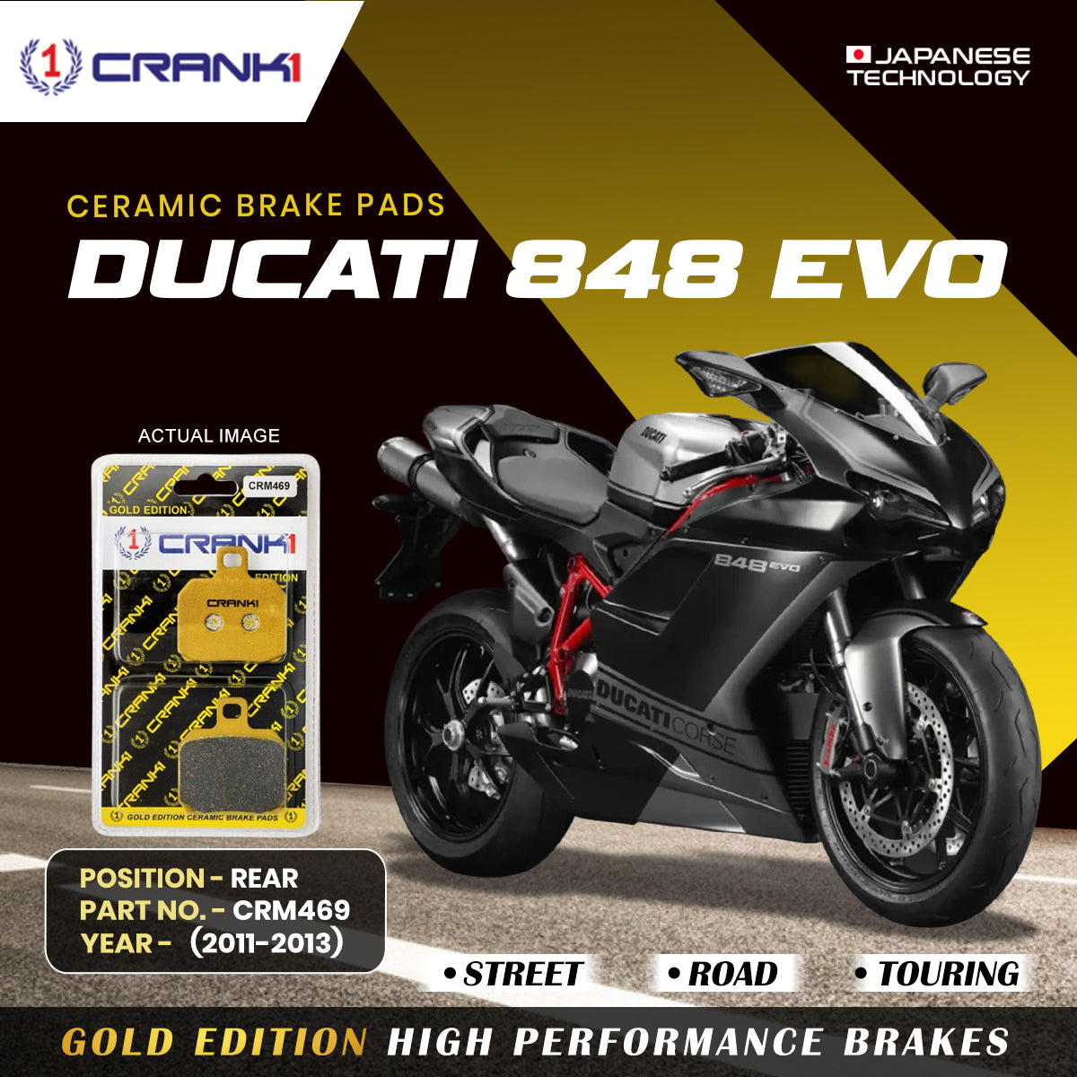 Ceramic Brake Pads For Ducati 848 EVO (2011-2013) - Rear - CRM469 - 1 Set | Smooth Braking | Heat Resistant | Long Life | Disc Friendly