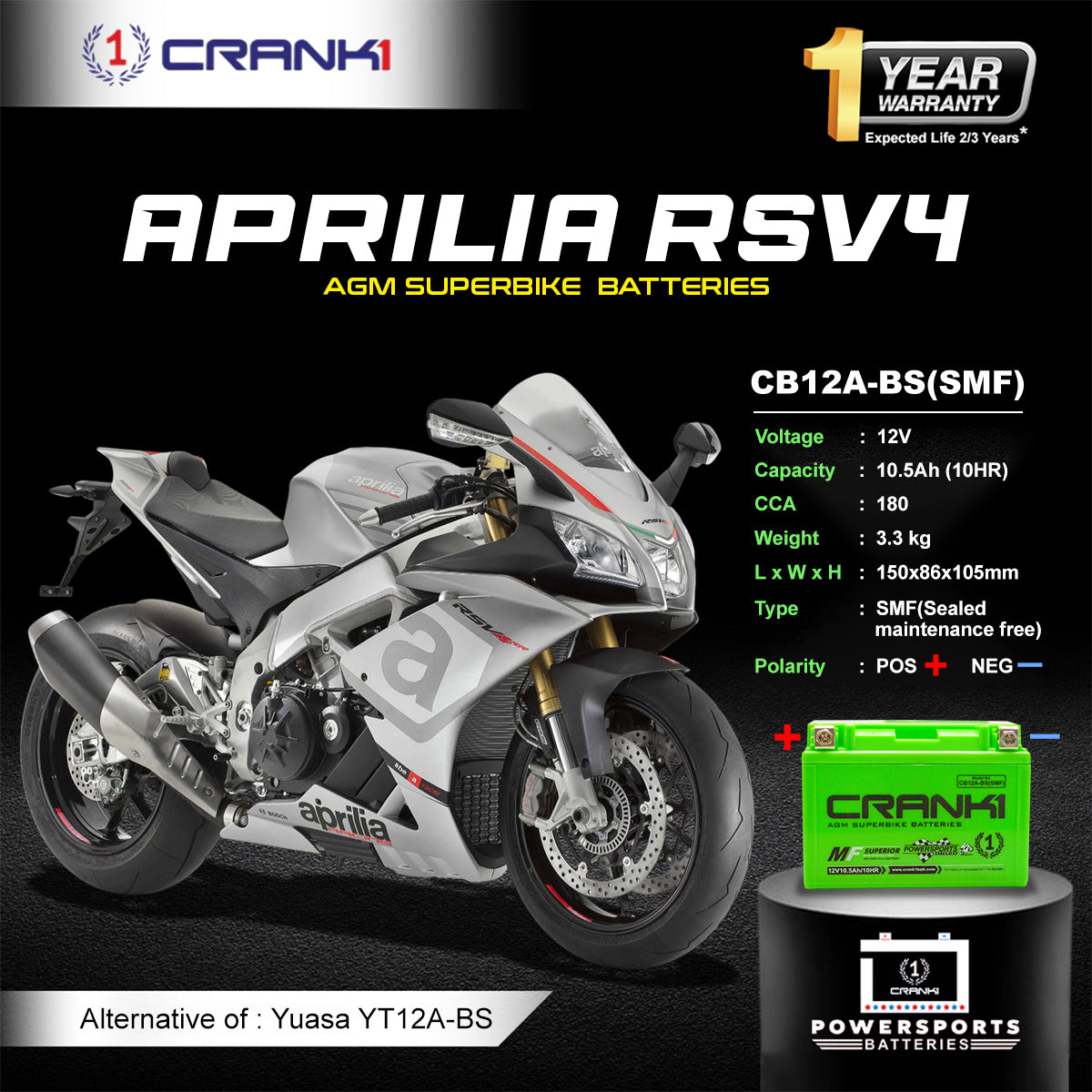 Battery For Aprilia RSV4 (2017-2025) - CB12A-BS - Factory Activated