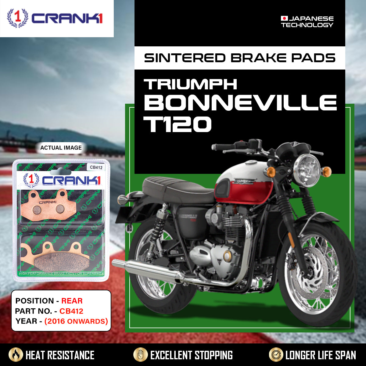 Sintered Brake Pads For Triumph Bonneville T120 (2016 Onwards) - Rear - CB412