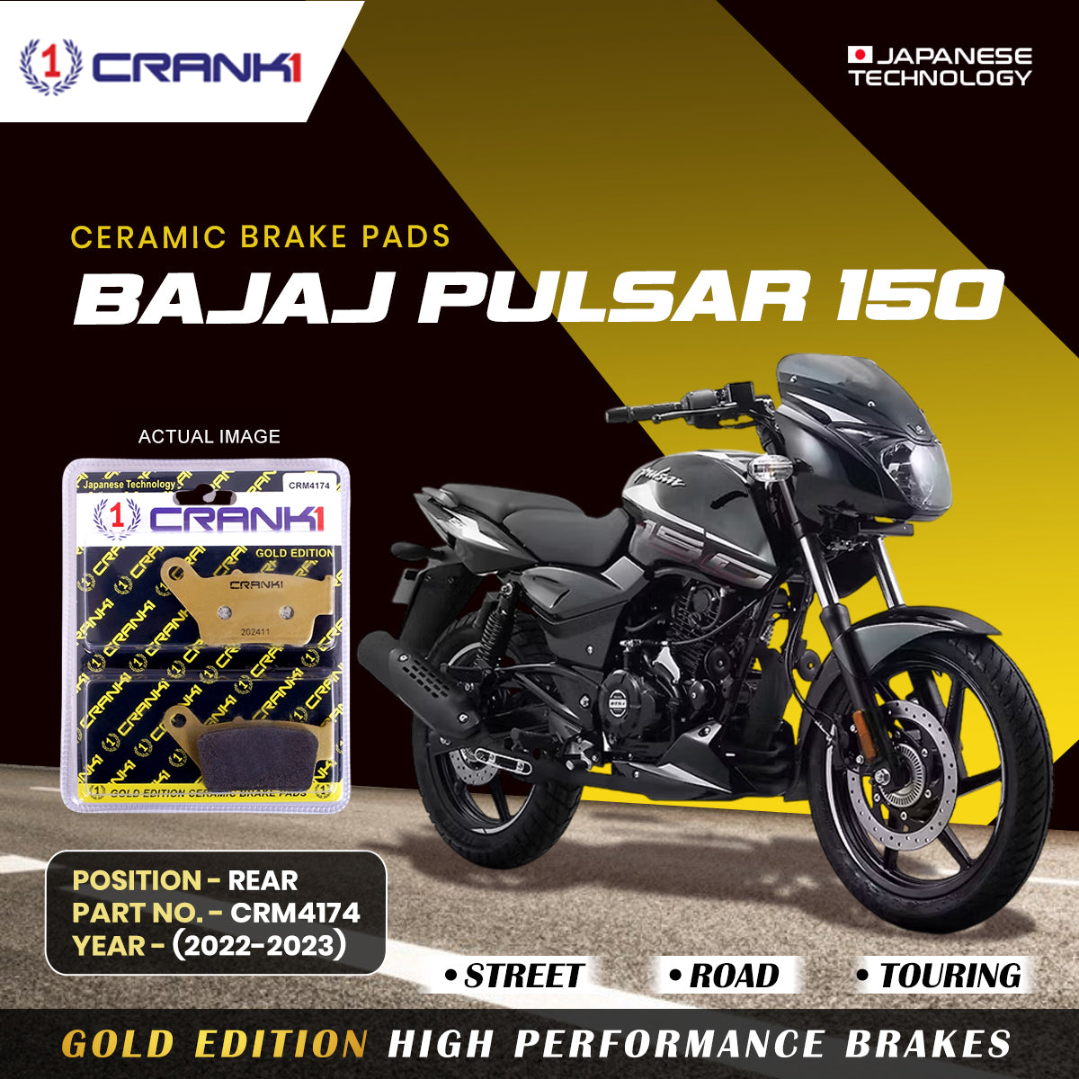 Ceramic Brake Pads For Bajaj Pulsar 150 (2022-2023) - Rear - CRM4174