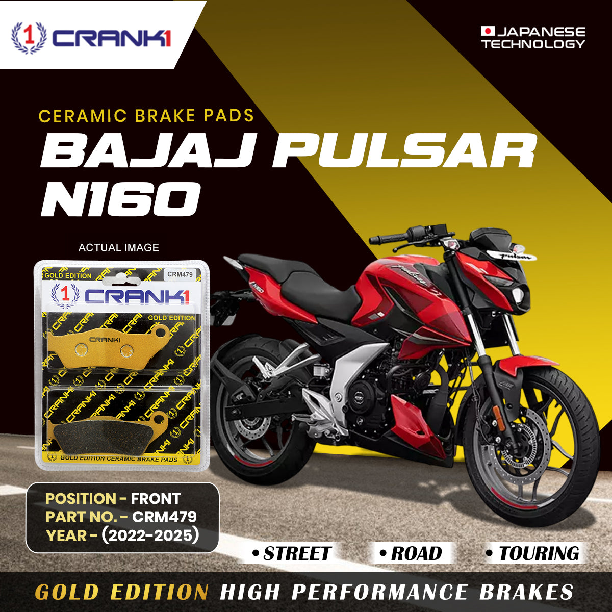 Ceramic Brake Pads For Bajaj Pulsar N160 (2022-2025) - Front - CRM479 - 1 Set