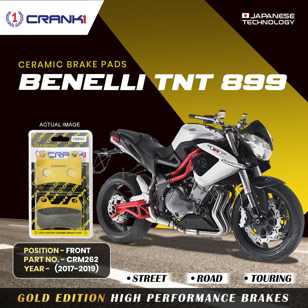 Ceramic Brake Pads For Benelli TNT 899 (2017-2019) - Front - CRM262 - 2 Sets | Smooth Braking | Heat Resistant | Long Life | Disc Friendly