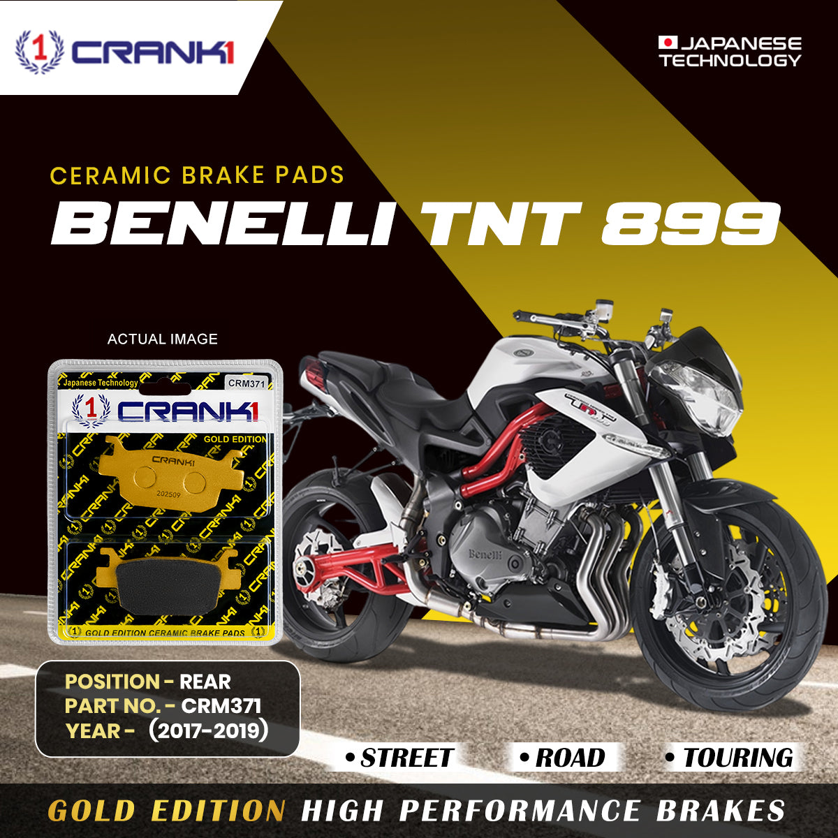 Ceramic Brake Pads For Benelli TNT 899 (2017-2019) - Rear - CRM371 - 1 Set | Smooth Braking | Heat Resistant | Long Life | Disc Friendly