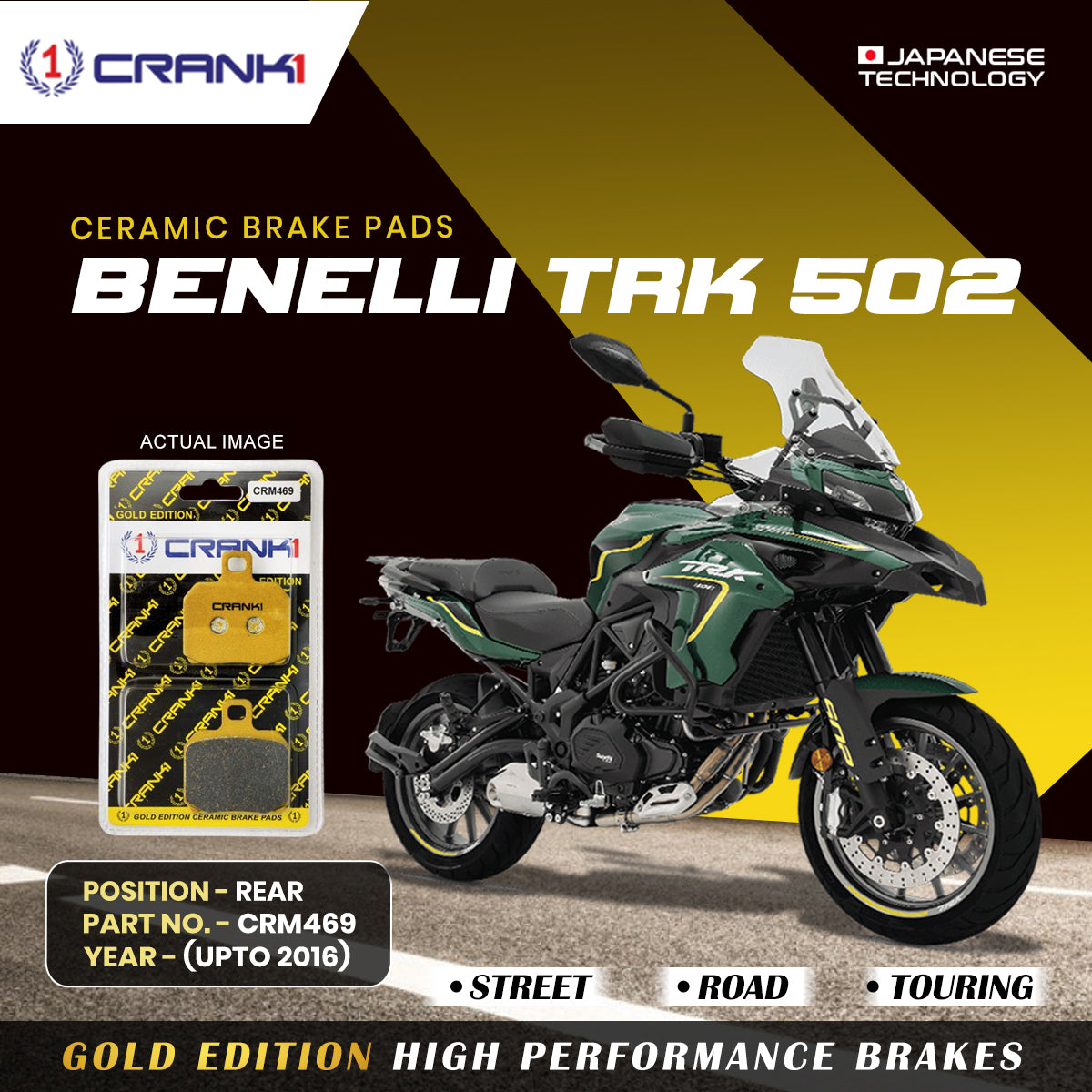 Ceramic Brake Pads For Benelli TRK 502 (Upto 2016) - Rear - CRM469