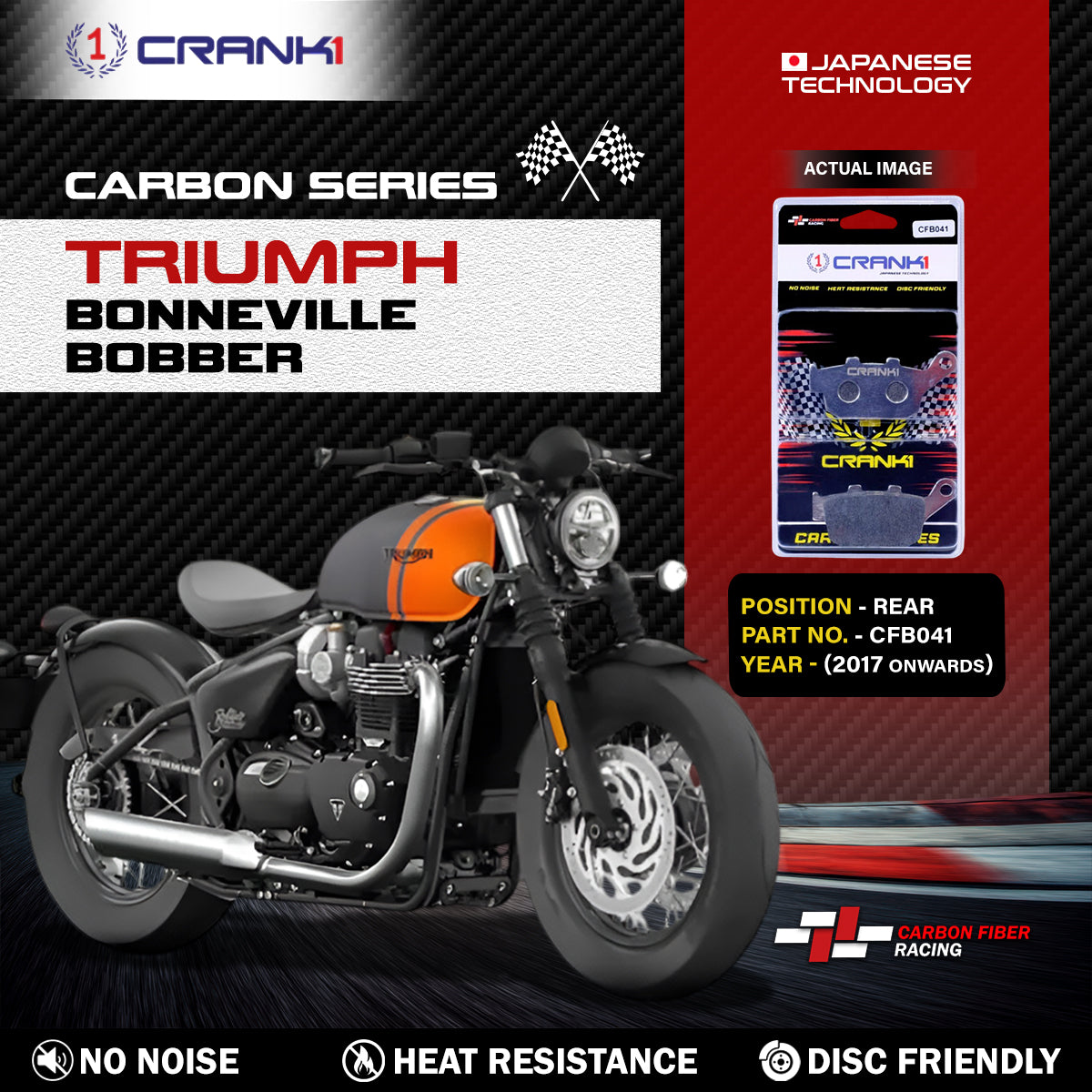 Carbon Brake Pads For Triumph Bonneville Bobber (2017 Onwards) - Rear - CFB041