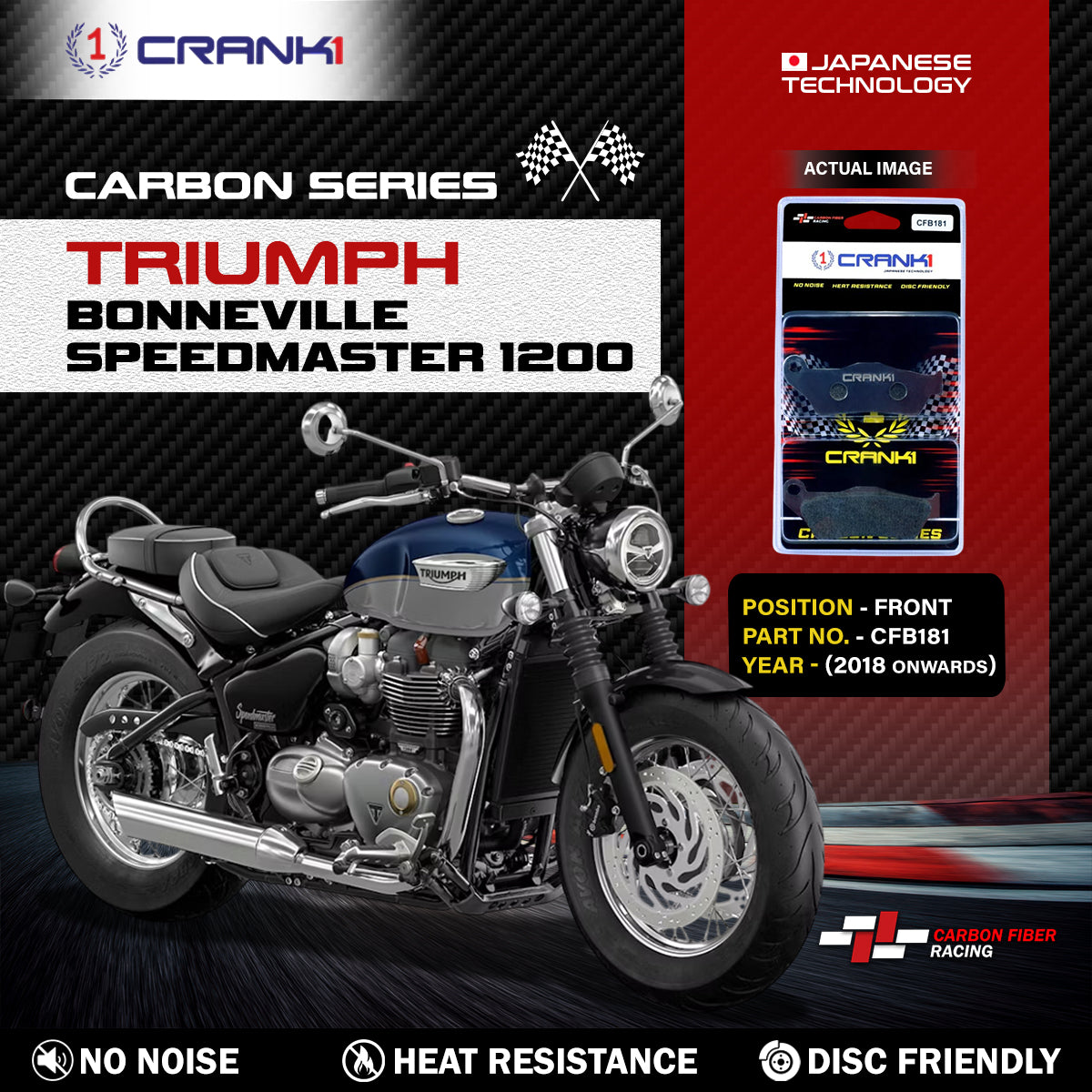 Carbon Brake Pads For Triumph Bonneville Speedmaster 1200 (2018 Onwards) - Front - CFB181 - 2 Sets