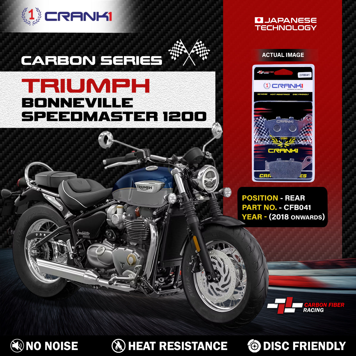 Carbon Brake Pads For Triumph Bonneville Speedmaster 1200 (2018 Onwards) - Rear - CFB041