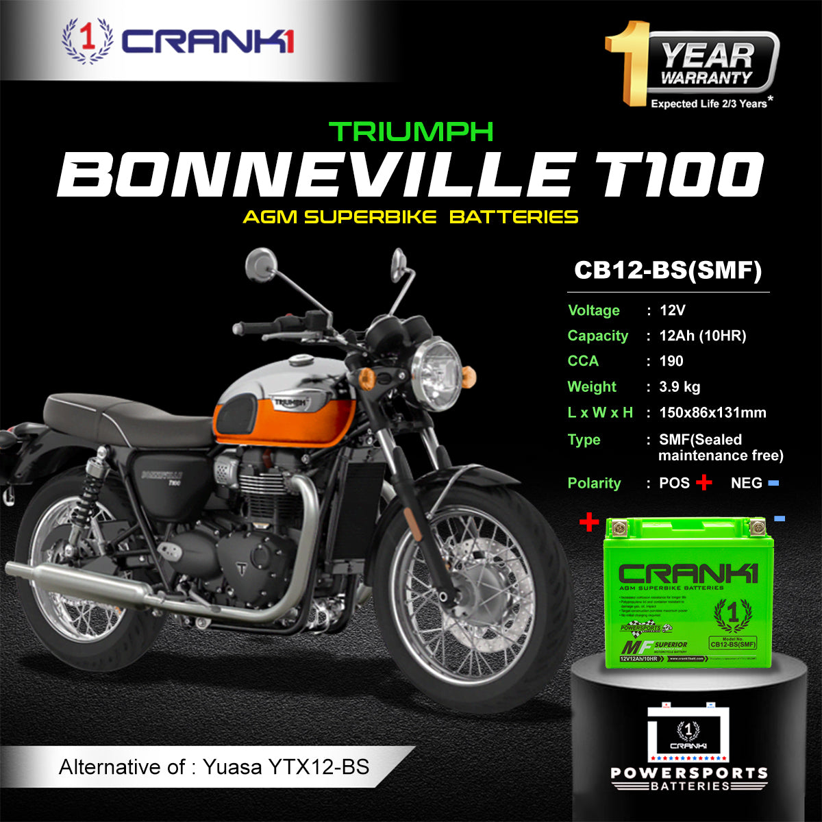 Battery For Triumph Bonneville T100 (2005-2025) - CB12-BS - Factory Activated
