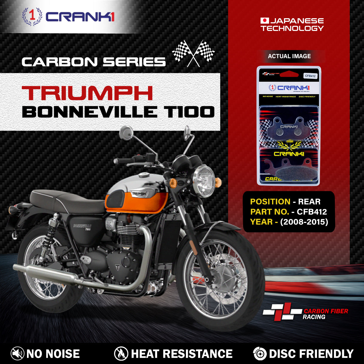 Carbon Brake Pads For Triumph Bonneville T100 (2008-2015) - Rear - CFB412