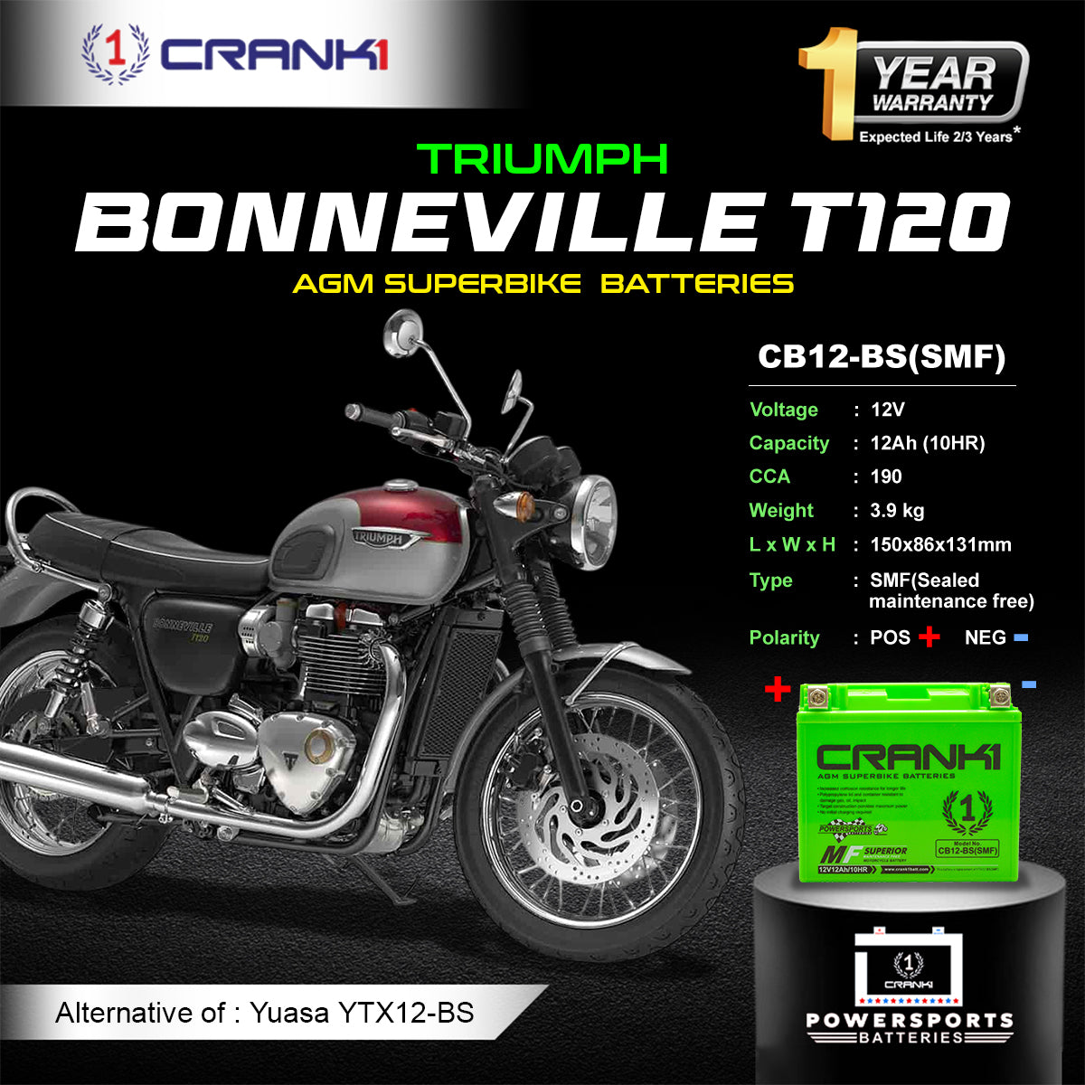 Battery For Triumph Bonneville T120 (2016 Onwards) - CB12-BS - Factory Activated | 1 Year Warranty | Zero Maintenance | OEM Fitment | High CCA