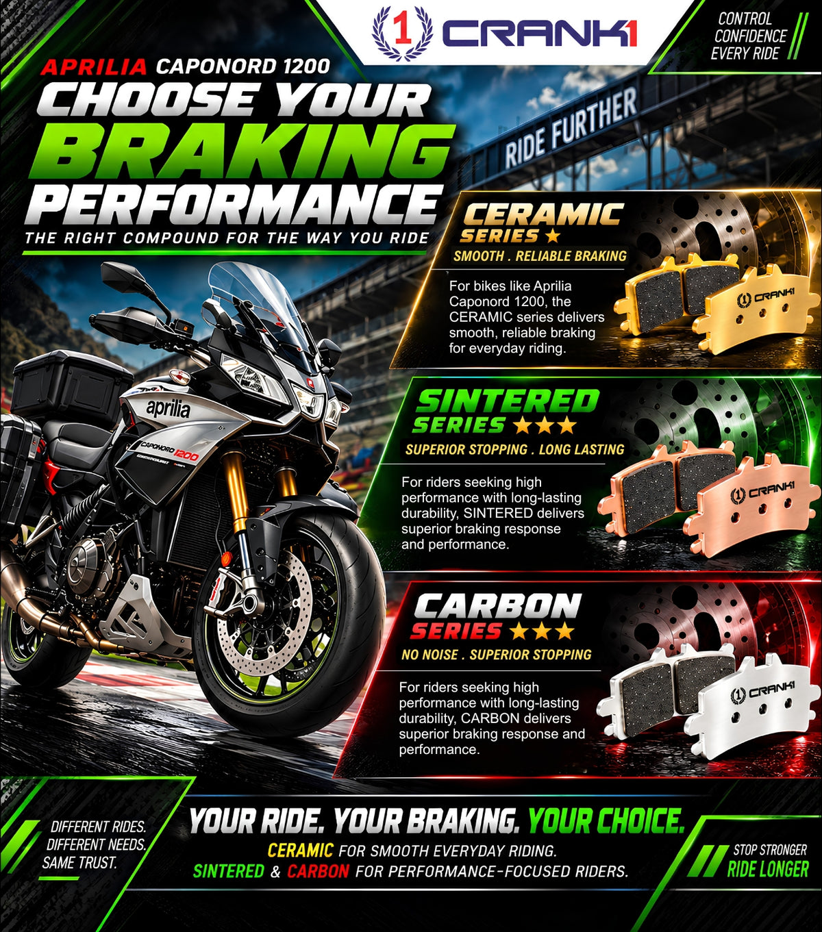 Ceramic Brake Pads For Aprilia Caponord 1200 (2013-2016) - Front - CRM0709 - 2 Sets | Smooth Braking | Heat Resistant | Long Life | Disc Friendly