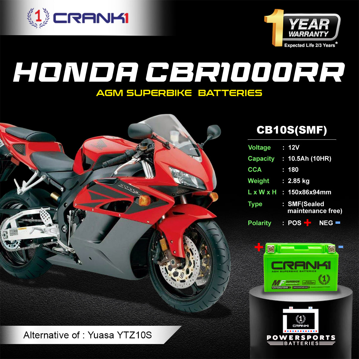 Battery For Honda CBR1000RR (2004-2018) - CB10S - Factory Activated