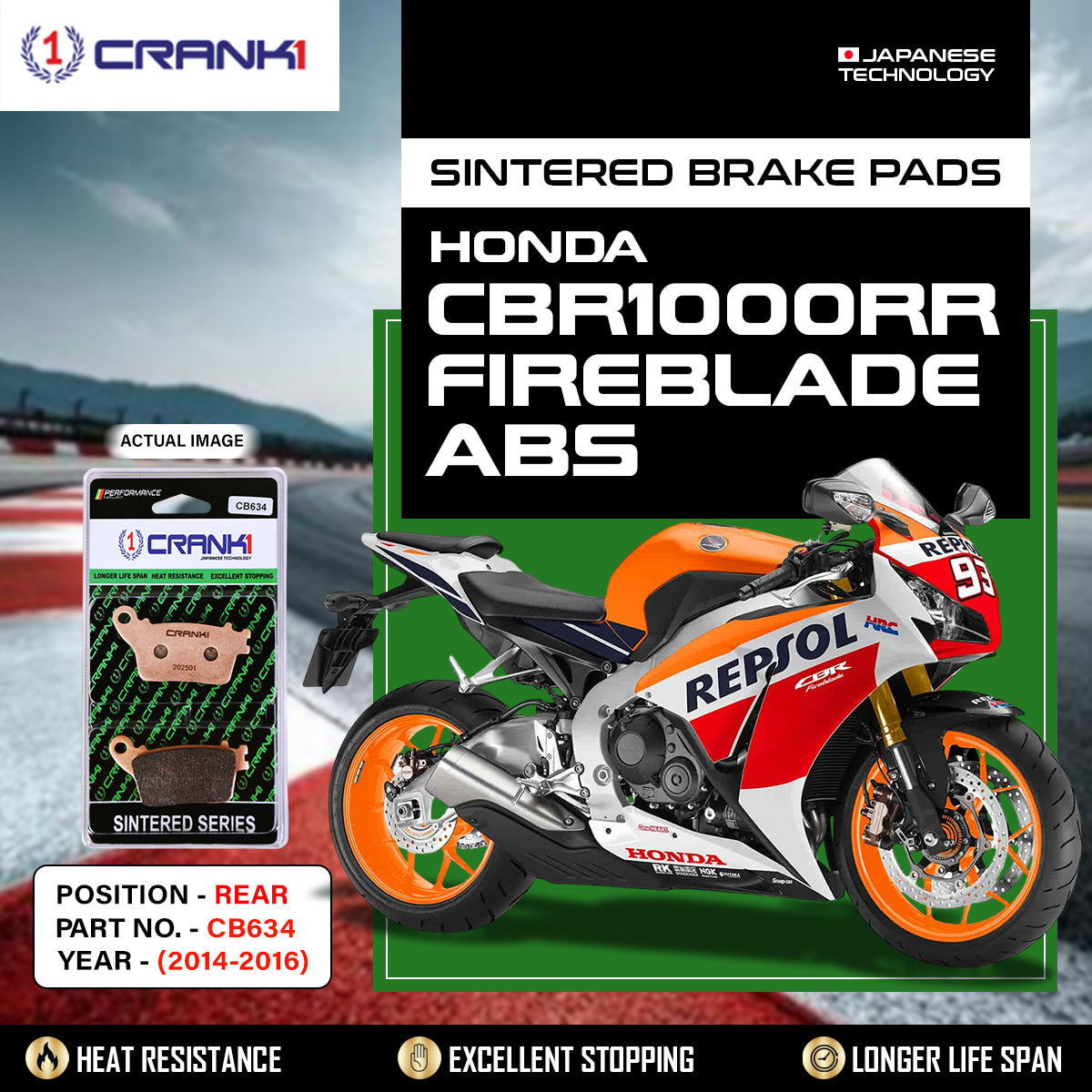 Sintered Brake Pads For Honda CBR1000RR Abs Fireblade (2014-2016) - Rear - CB634 - 1 Set