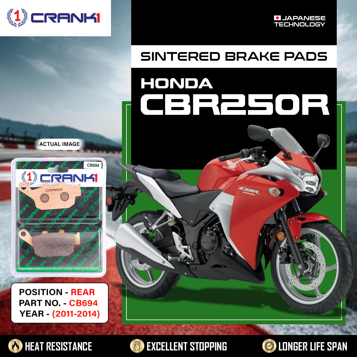 Sintered Brake Pads For Honda CBR250R (2011-2014) - Rear - CB694