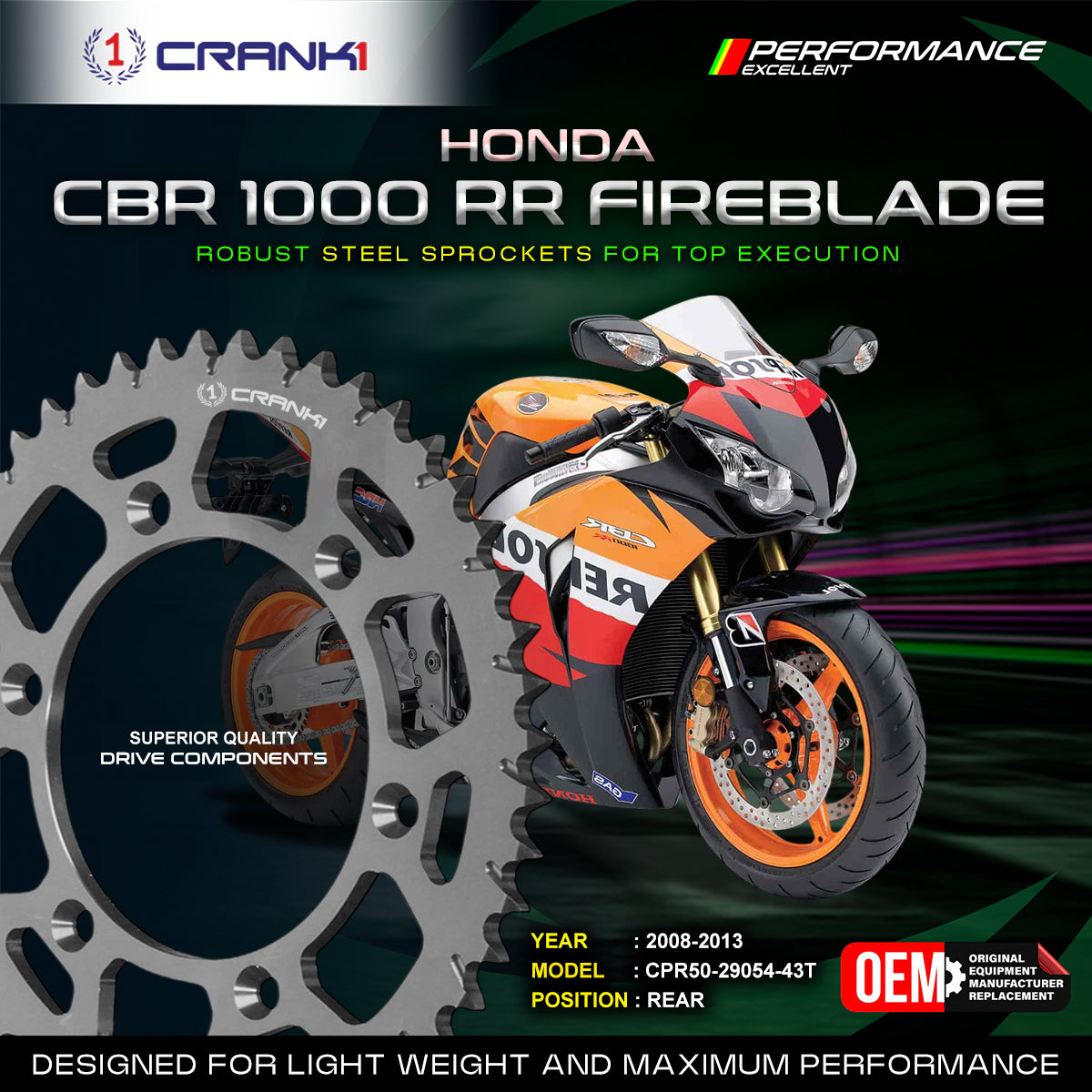 Sprocket For Honda CBR 1000 RR Fireblade (2008-2013) - Rear - CPR50-29054-43T