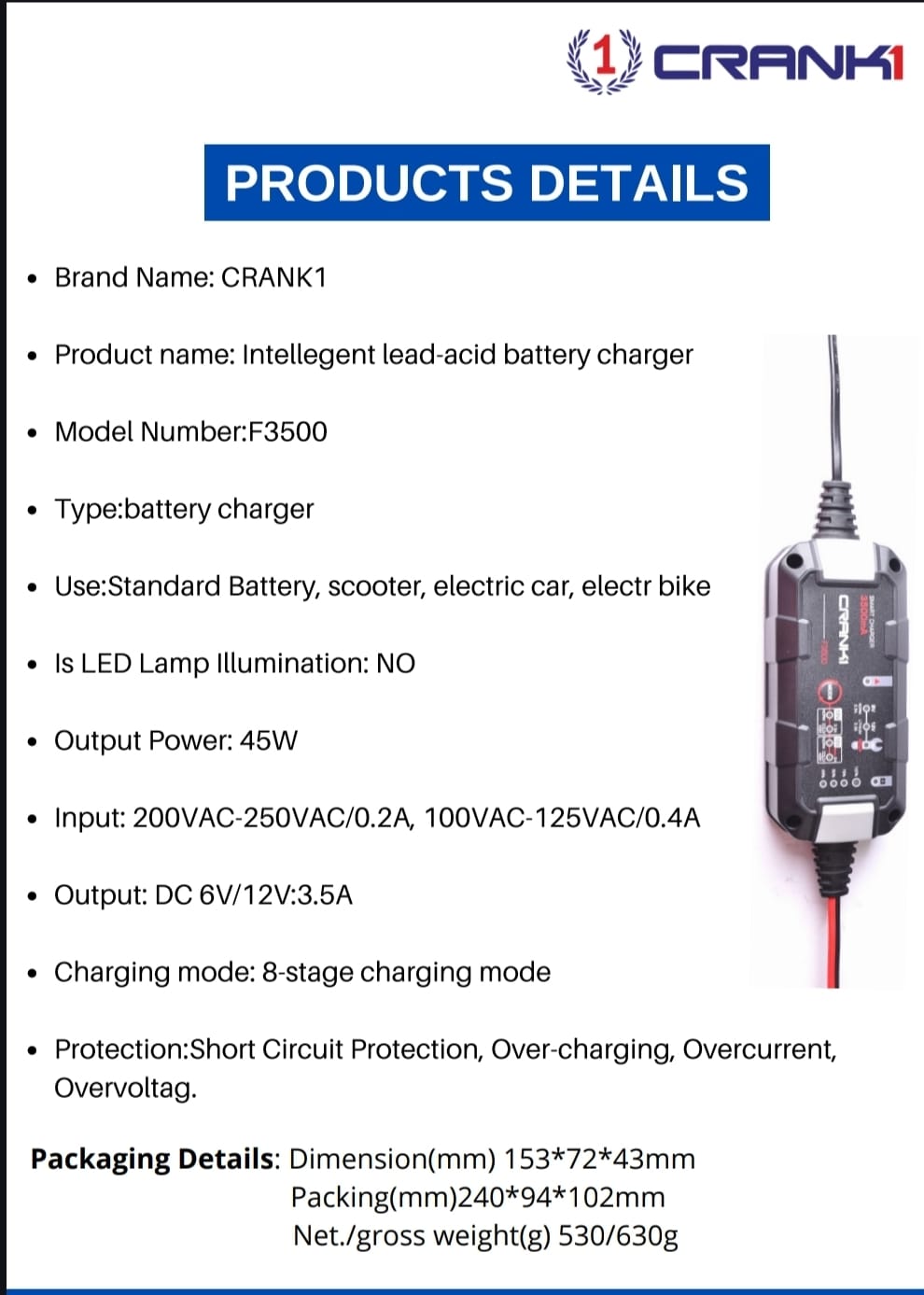 Charger For Motorcycle/Bike Battery - F3500