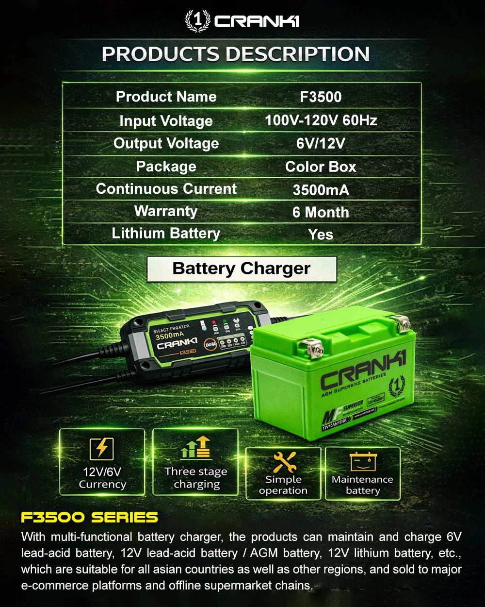 Charger For Motorcycle/Bike Battery - F3500