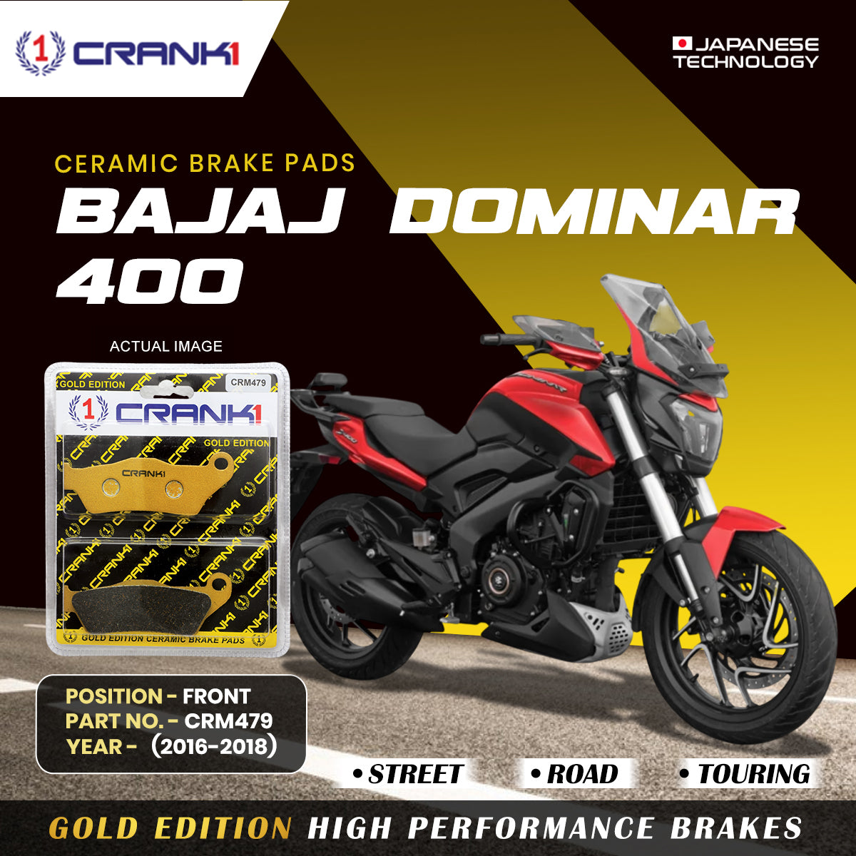 Ceramic Brake Pads For Bajaj Dominar 400 (2016-2018) - Front - CRM479 - 1 Set | Smooth Braking | Heat Resistant | Long Life | Disc Friendly