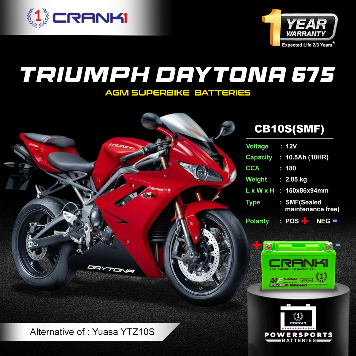 Battery For Triumph Daytona 675 (2010-2025) - CB10S - Factory Activated