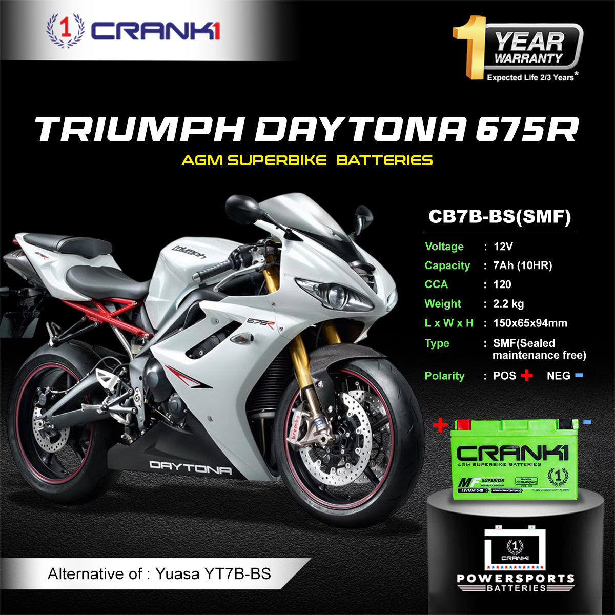 Battery For Triumph Daytona 675R (2006-2025) - CB7B-BS - Factory Activated