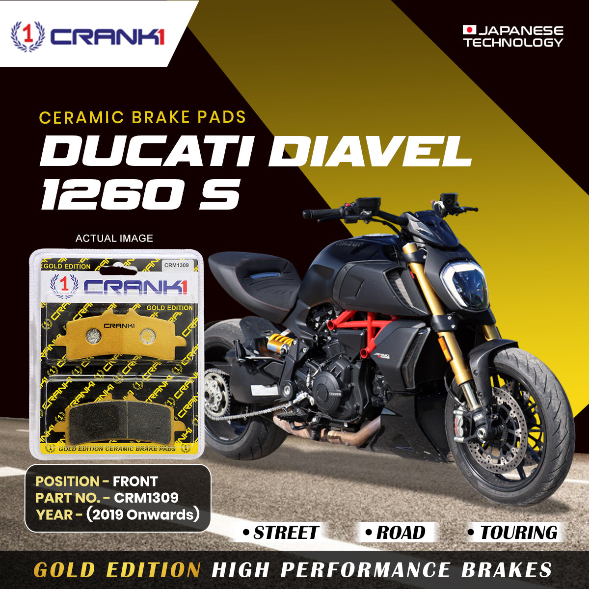 Ceramic Brake Pads For Ducati Diavel 1260 S (2019 Onwards) - Front - CRM1309 - 2 Sets | Smooth Braking | Heat Resistant | Long Life | Disc Friendly