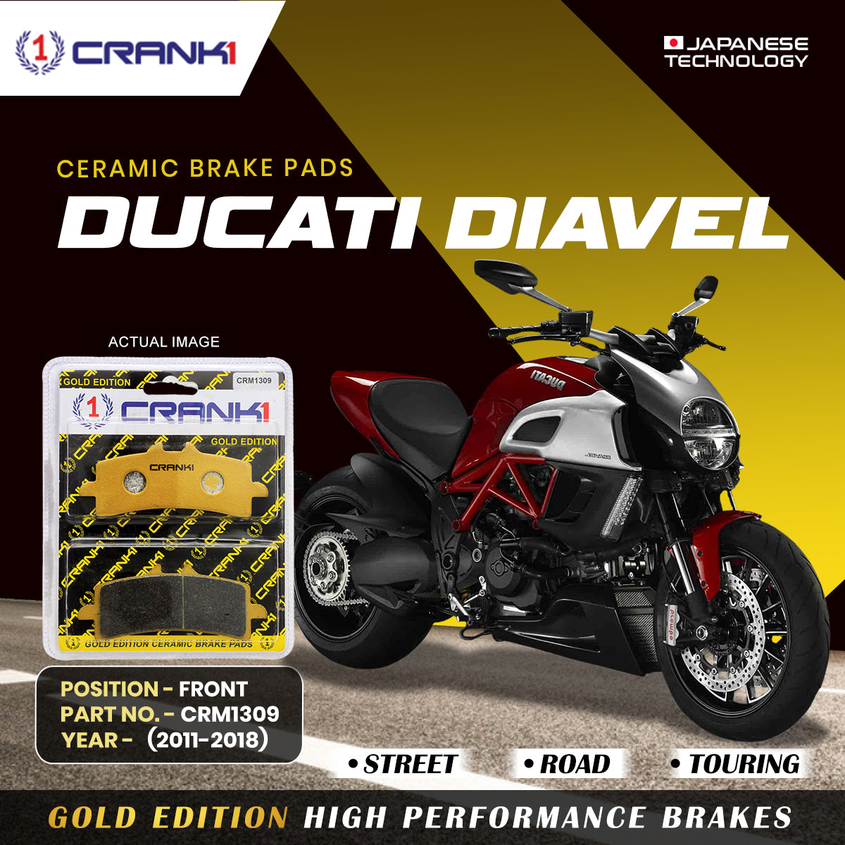 Ceramic Brake Pads For Ducati Diavel (2011-2018) - Front - CRM1309 - 2 Sets | Smooth Braking | Heat Resistant | Long Life | Disc Friendly