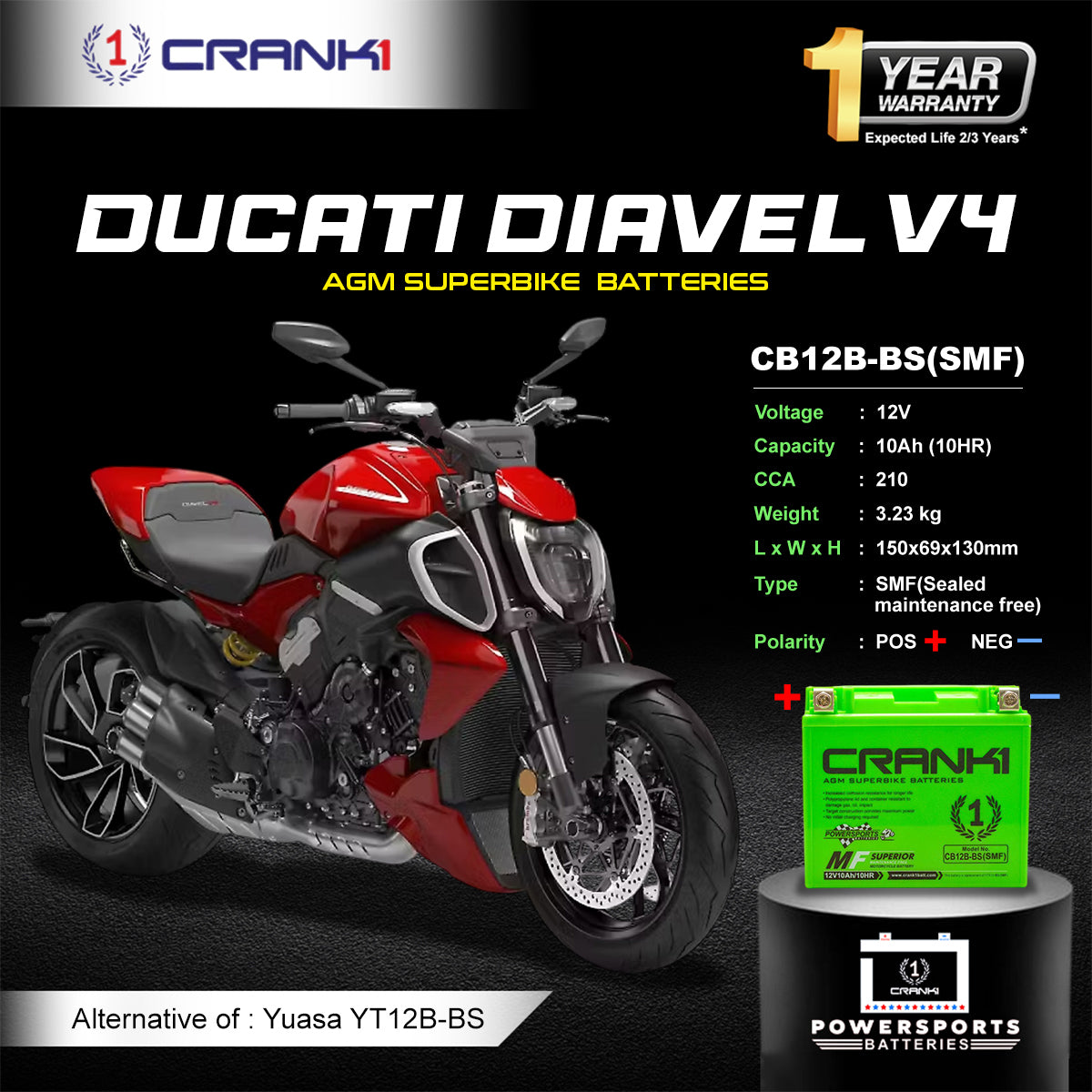 Battery For Ducati Diavel V4 (2011-2025) - CB12B-BS - Factory Activated