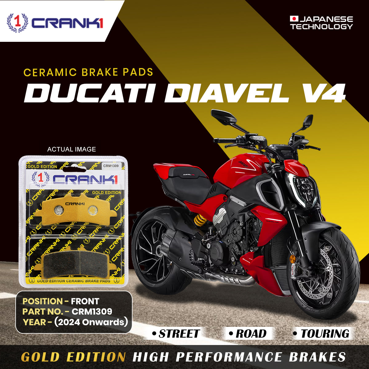 Ceramic Brake Pads For Ducati Diavel V4 (2024 Onwards) - Front - CRM1309 - 2 Sets | Smooth Braking | Heat Resistant | Long Life | Disc Friendly