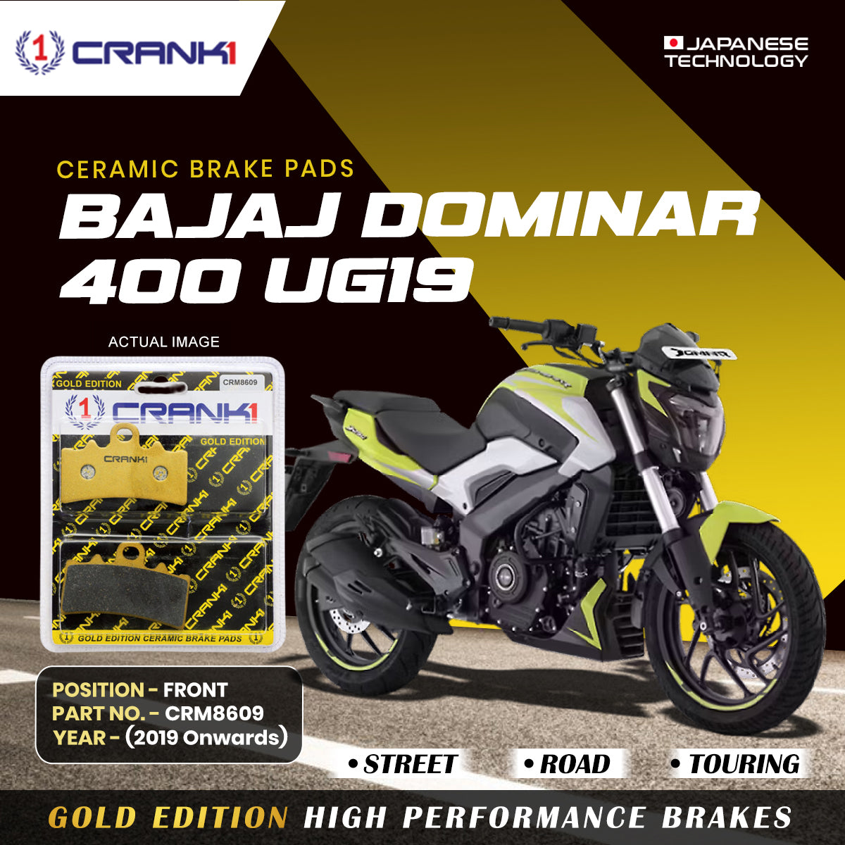 Ceramic Brake Pads For Bajaj Dominar 400 UG19 (2019 Onwards) - Front - CRM8609 - 1 Set | Smooth Braking | Heat Resistant | Long Life | Disc Friendly