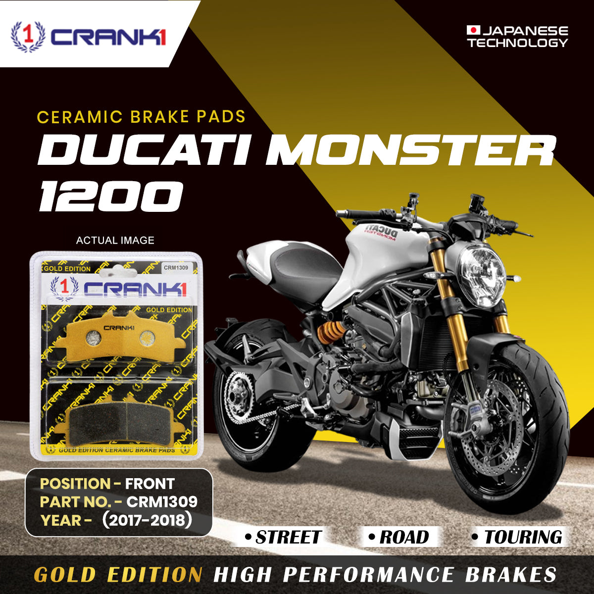 Ceramic Brake Pads For Ducati Monster 1200 (2017-2018) - Front - CRM1309 - 2 Sets | Smooth Braking | Heat Resistant | Long Life | Disc Friendly