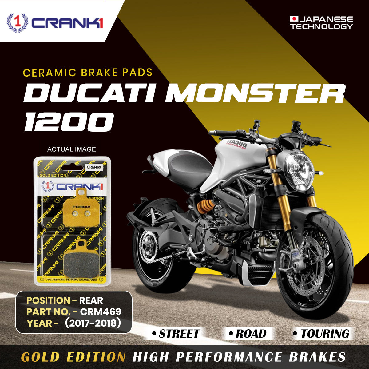 Ceramic Brake Pads For Ducati Monster 1200 (2017-2018) - Rear - CRM469 - 1 Set | Smooth Braking | Heat Resistant | Long Life | Disc Friendly