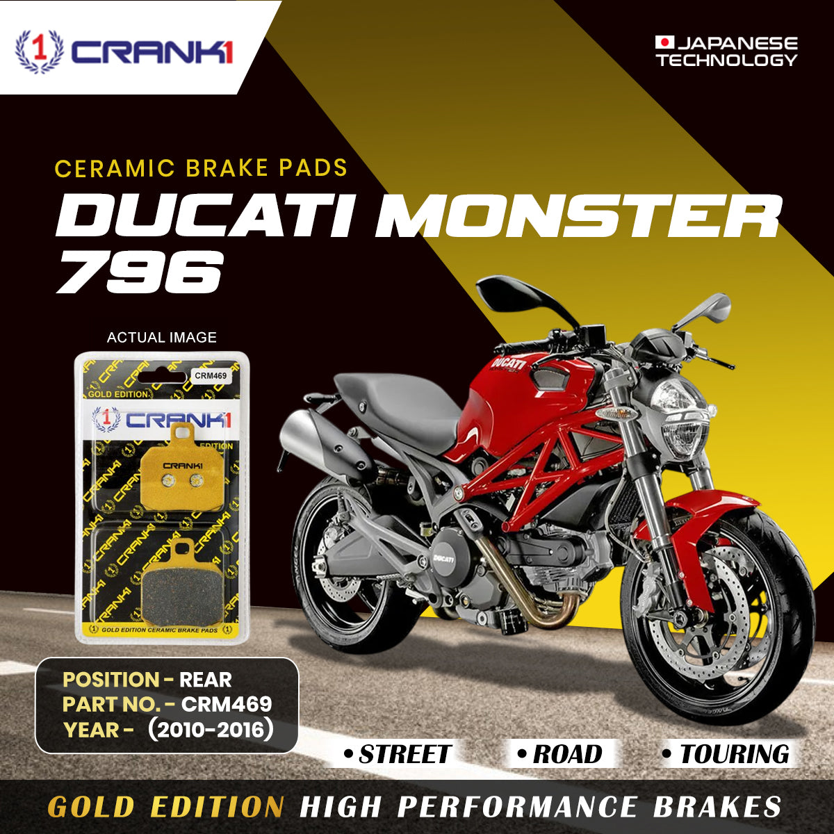 Ceramic Brake Pads For Ducati Monster 796 (2010-2016) - Rear - CRM469 - 1 Set | Smooth Braking | Heat Resistant | Long Life | Disc Friendly