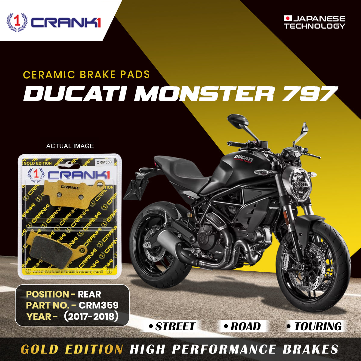 Ceramic Brake Pads For Duacti Monster 797 (2017-2018) - Rear - CRM359 - 1 Set | Smooth Braking | Heat Resistant | Long Life | Disc Friendly