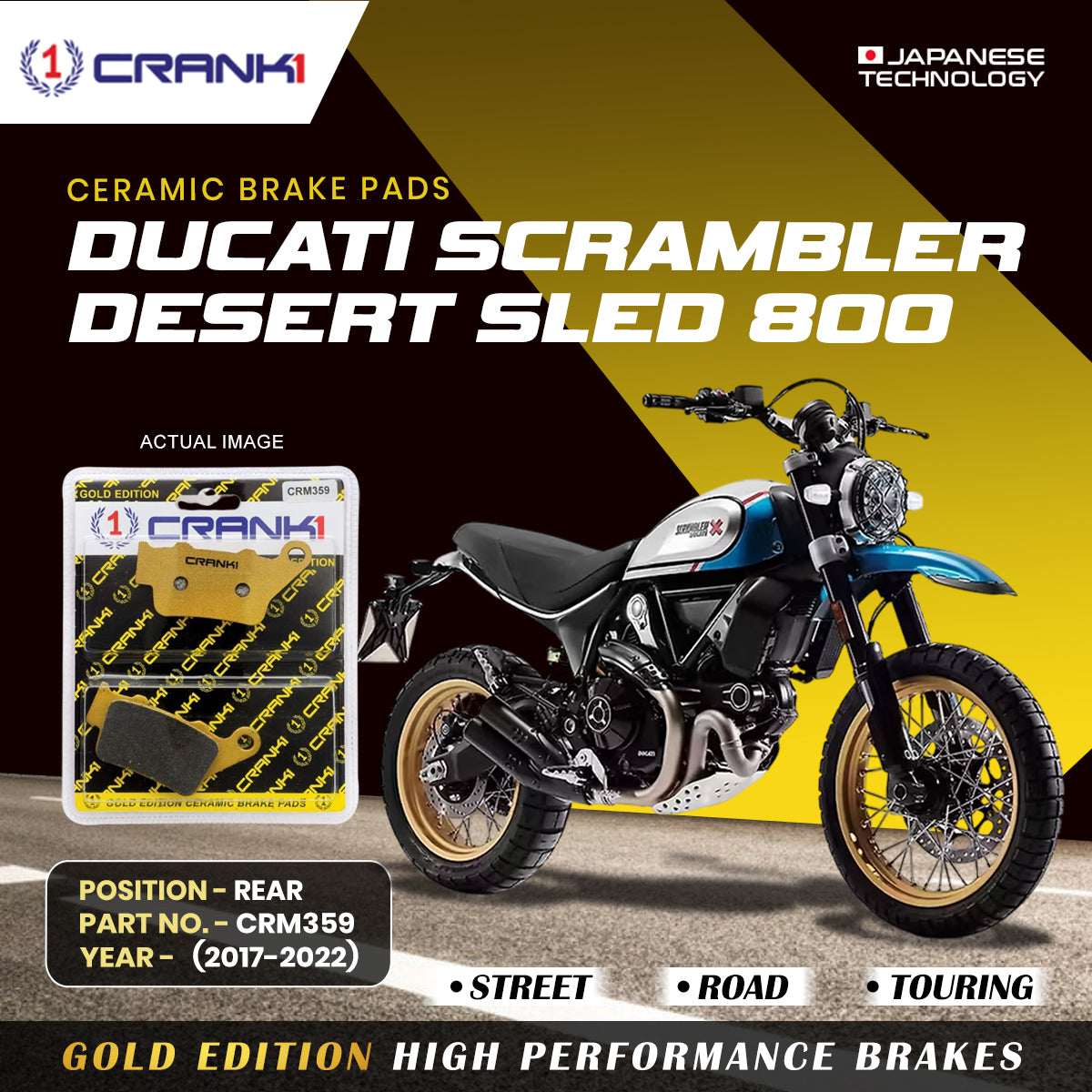 Ceramic Brake Pads For Ducati Scrambler Desert Sled 800 (2017-2022) - Rear - CRM359 - 1 Set