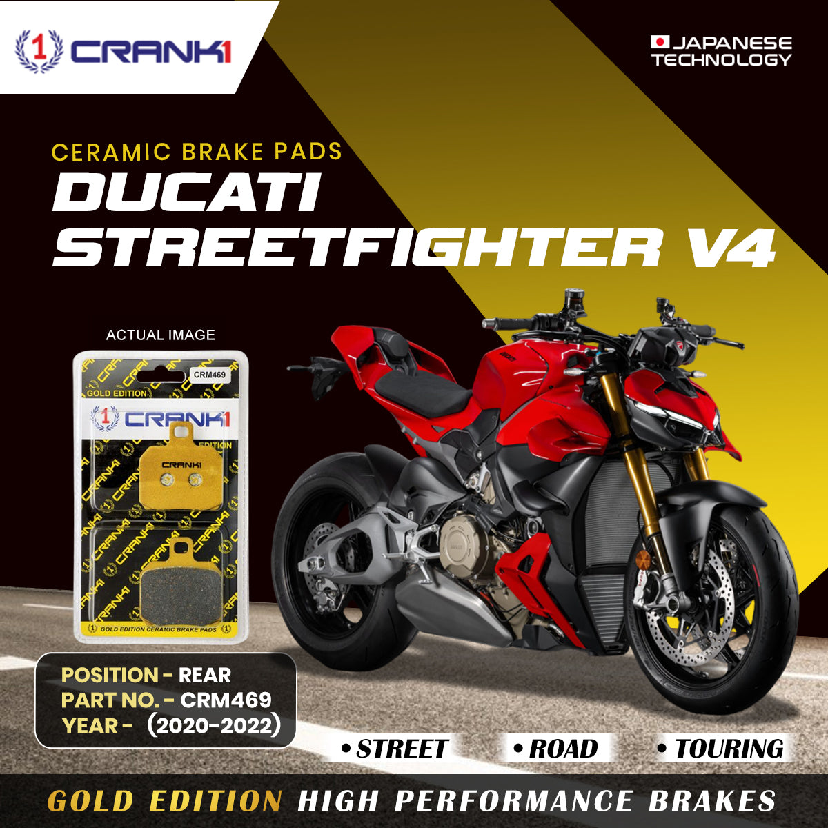 Ceramic Brake Pads For Ducati Streetfighter V4 (2020-2022) - Rear - CRM469 - 1 Set | Smooth Braking | Heat Resistant | Long Life | Disc Friendly