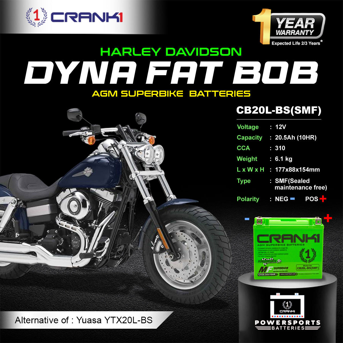Battery For Harley Davidson Dyna Fat Bob (2008-2025) - CB20L-BS - Factory Activated