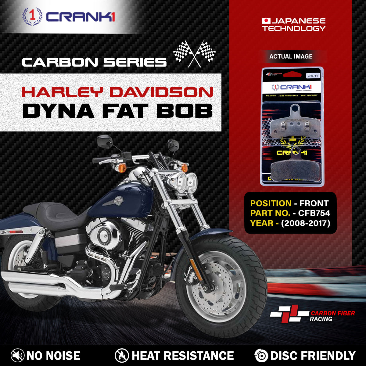 Carbon Brake Pads For Harley Davidson Dyna Fat Bob (2008-2017) - Front - CFB754 - 2 Sets