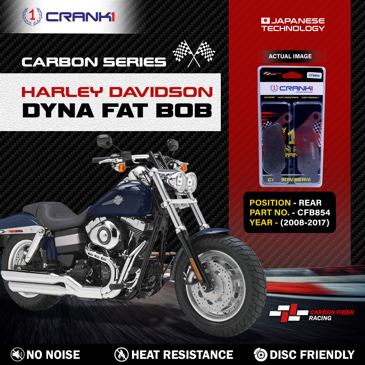 Carbon Brake Pads For Harley Davidson Dyna Fat Bob (2008-2017) - Rear - CFB854 - 1 Set