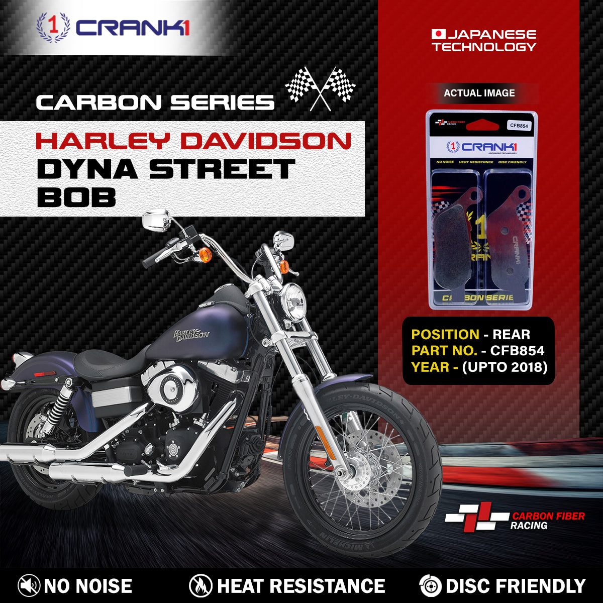 Carbon Brake Pads For Harley Davidson Dyna Street Bob (Upto 2018) - Rear - CFB854 - 1 Set
