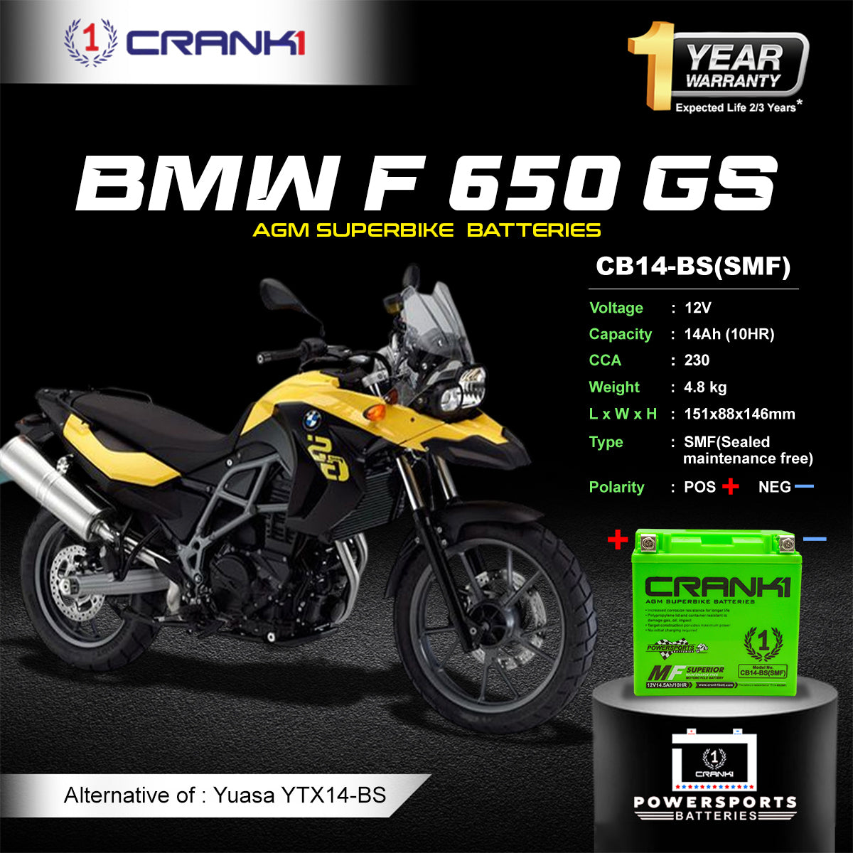 Battery For BMW F 650 GS (2007-2012) - CB14-BS - Factory Activated