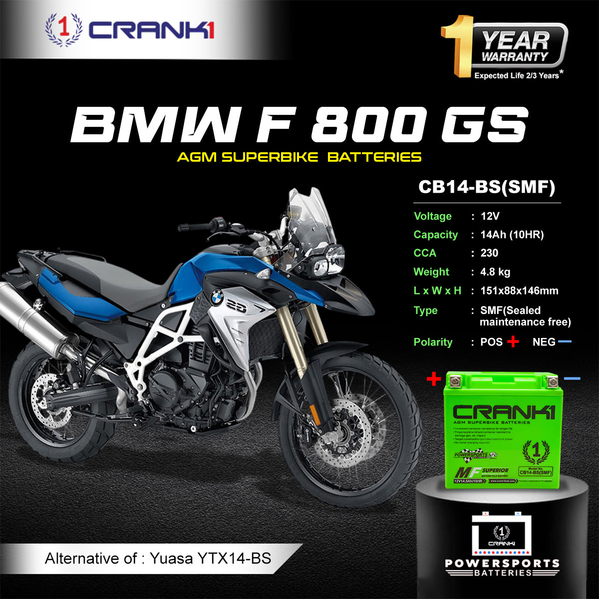 Battery For BMW F 800 GS (2007-2018) - CB14-BS - Factory Activated