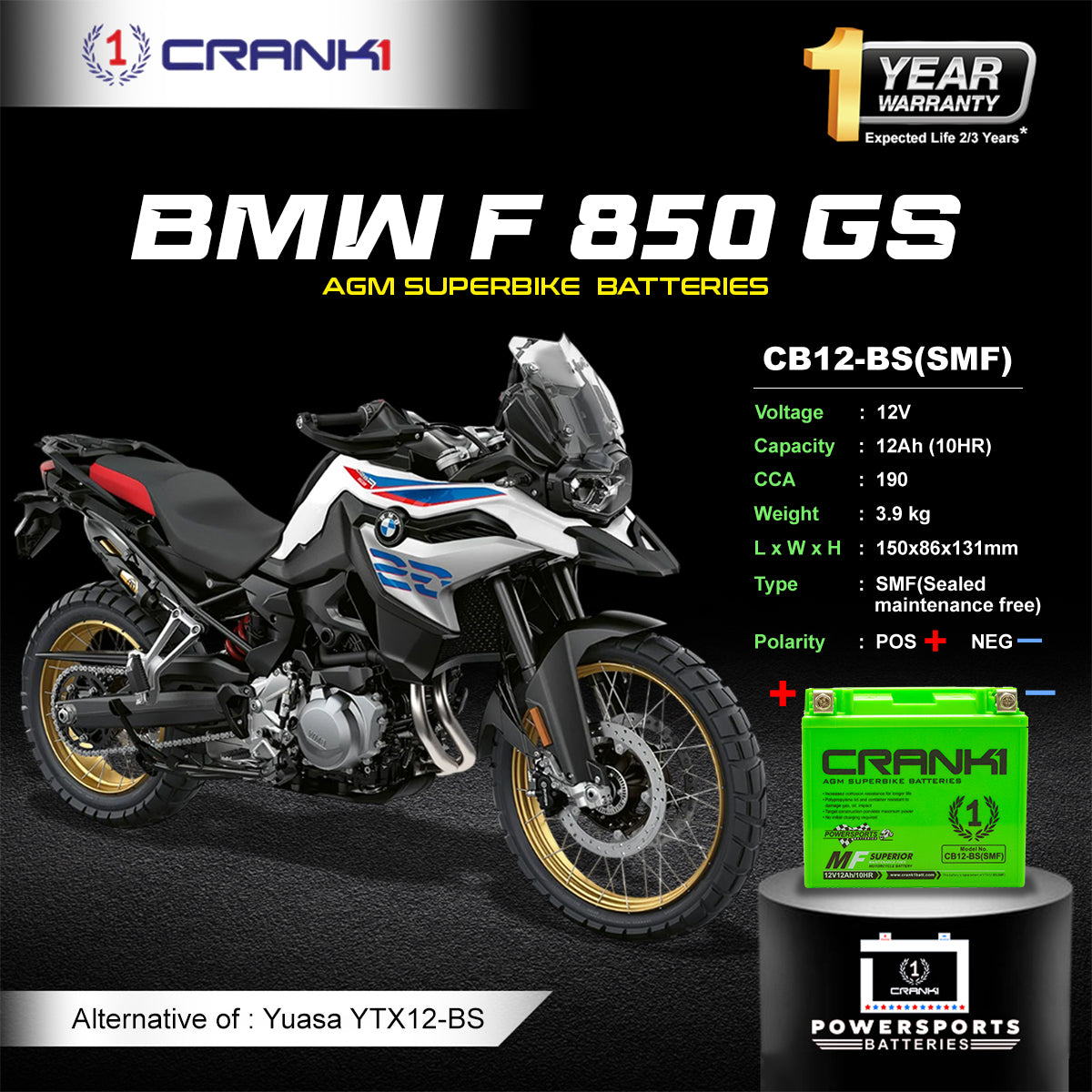 Battery For BMW F 850 GS (2016-2025) - CB12-BS - Factory Activated