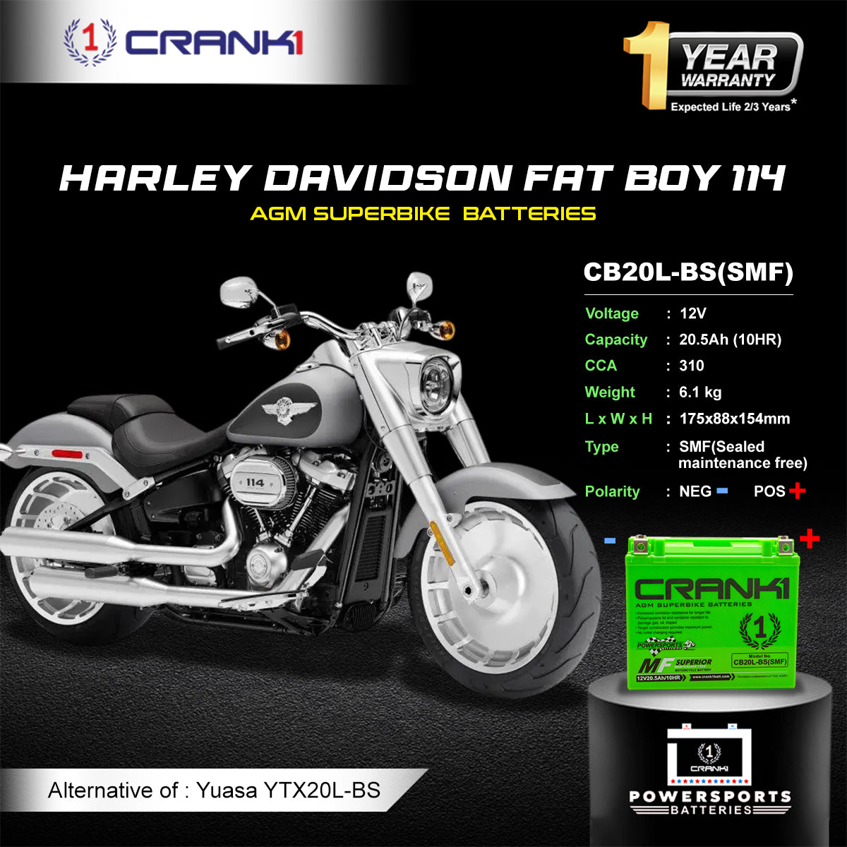 Battery For Harley Davidson Fat Boy 114 (2018 Onwards) - CB20L-BS - Factory Activated
