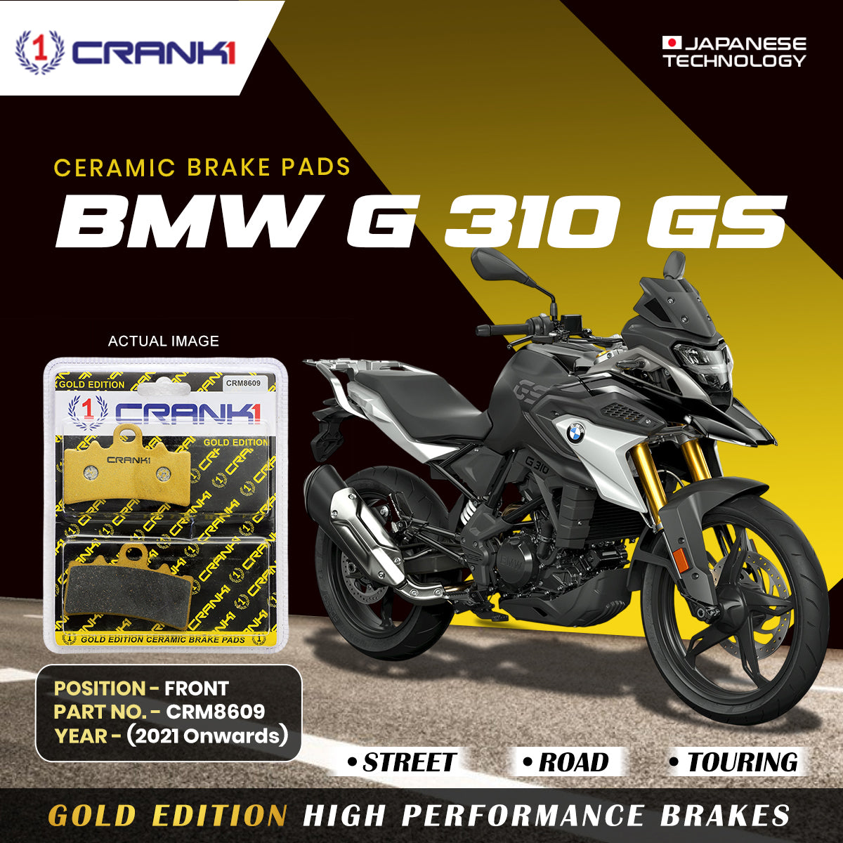Ceramic Brake Pads For BMW G 310 GS (2021 Onwards) - Front - CRM8609 - 1 Set | Smooth Braking | Heat Resistant | Long Life | Disc Friendly