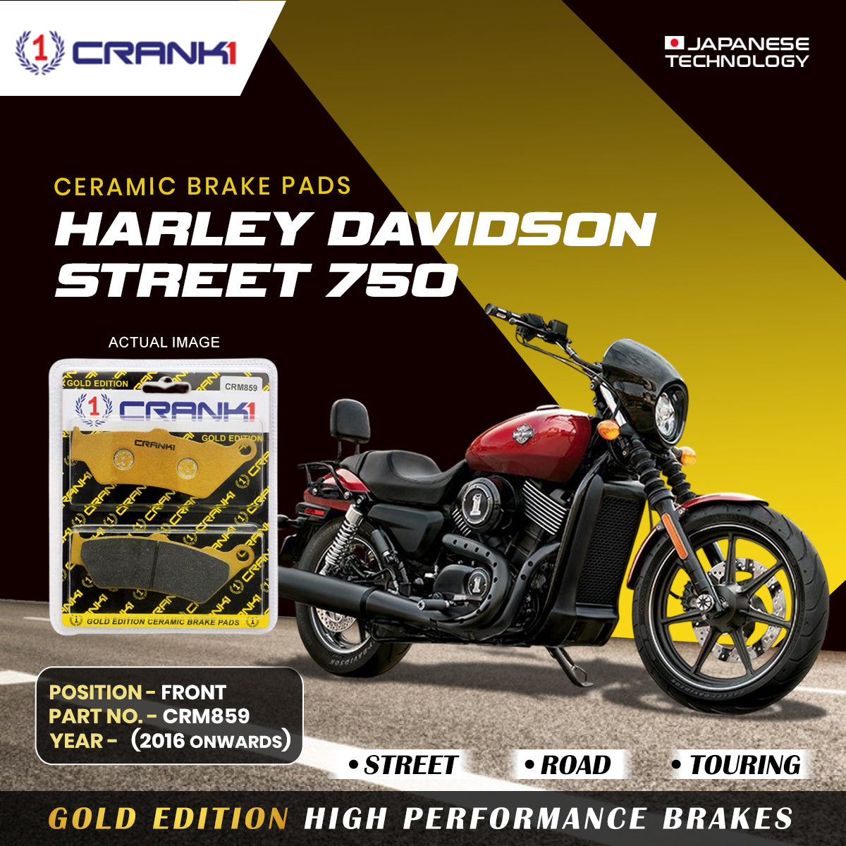 Ceramic Brake Pads For Harley Davidson Street 750 (2016 Onwards) - Front - CRM859