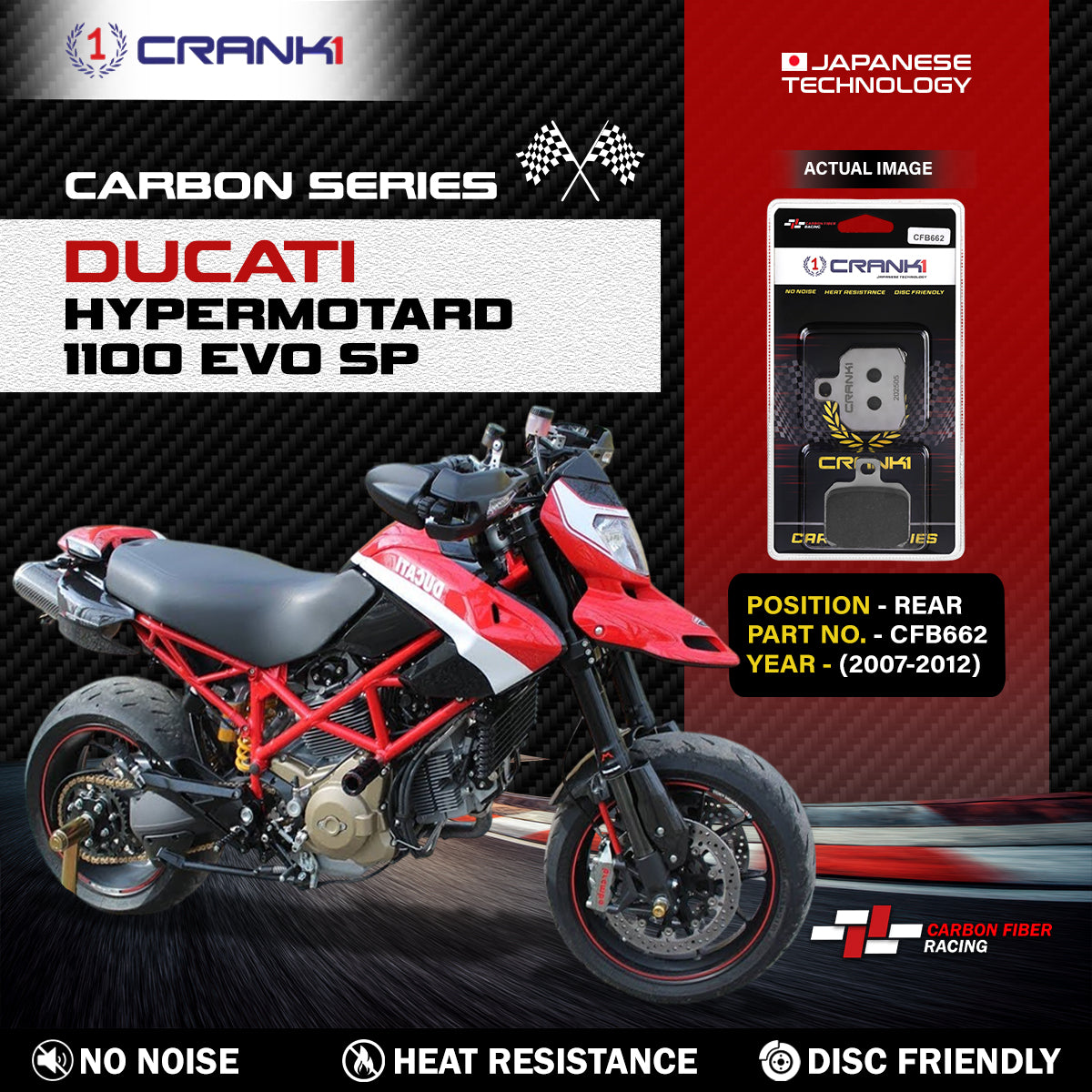 Carbon Brake Pads For Ducati Hypermotard 1100 EVO SP (2007-2012) - Rear - CFB662