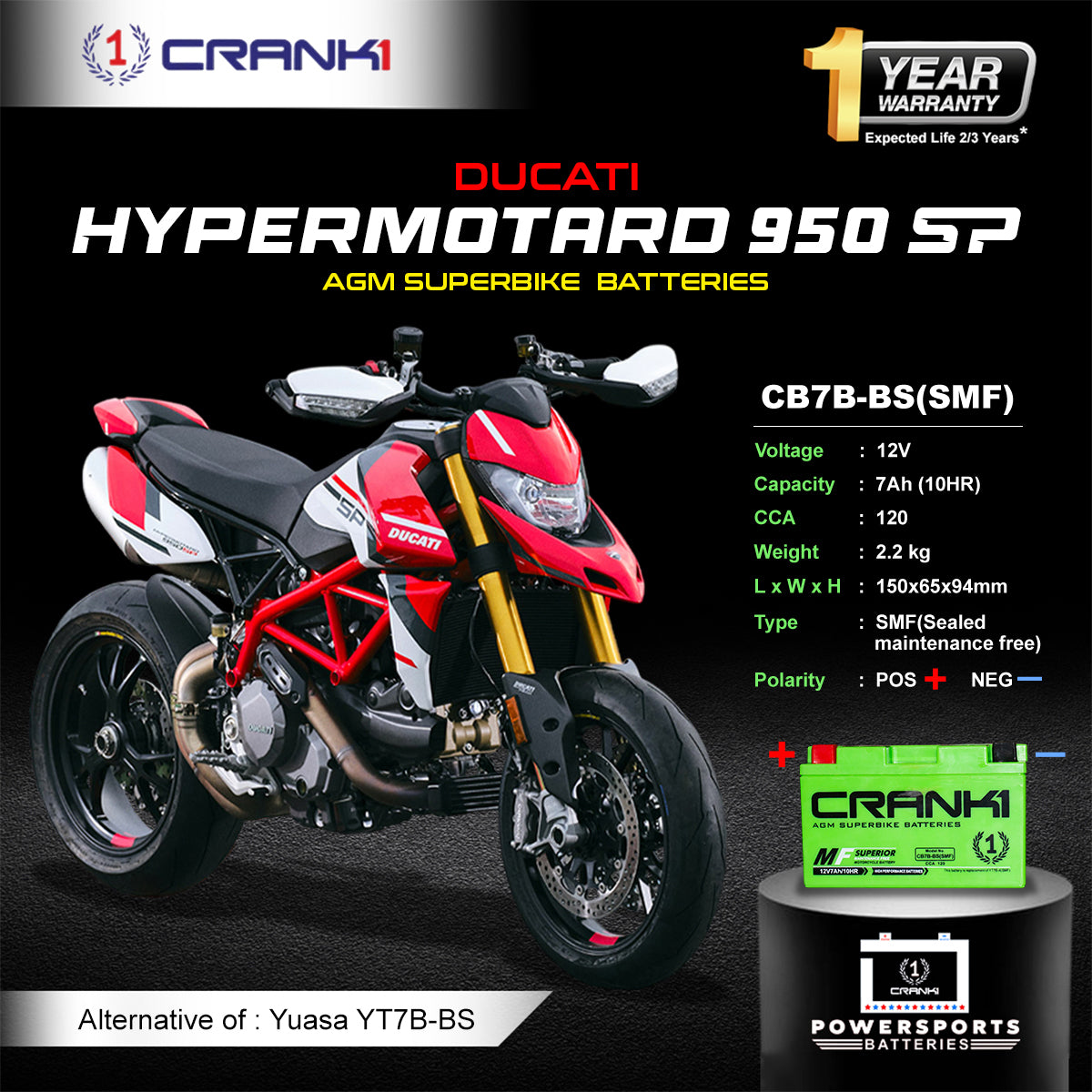 Battery For Ducati Hypermotard 950 SP (2022-2025) - CB7B-BS - Factory Activated